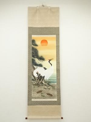 珠香筆　松竹梅鶴亀　肉筆絹本掛軸（共箱）